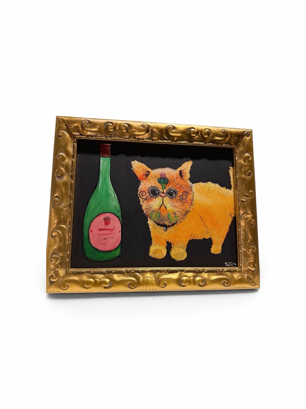 Whimsical Cat & Champagne Painting in Ornate Gold Frame – Day of the Dead Style‎
